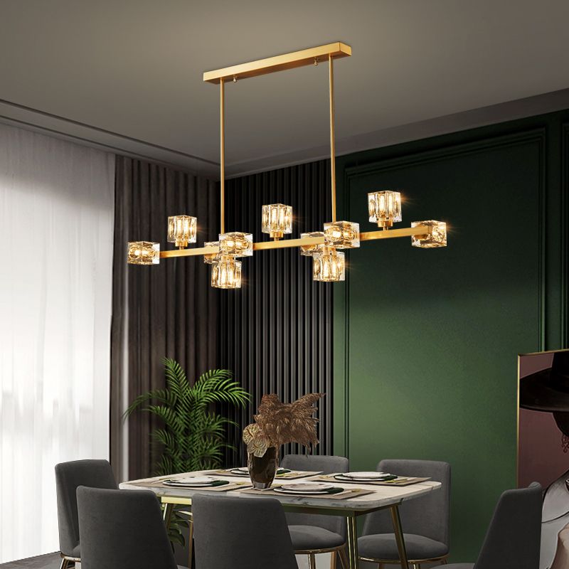 Contemporary Island Light Fixture Crystal Cube Island Lights in Gold for Kitchen