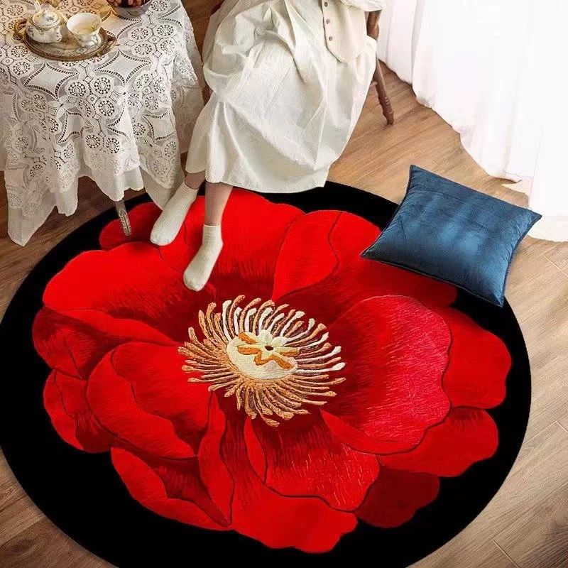 Round Floral Print Rug Casual Polyester Carpet Stain Resistant Area Carpet for Living Room