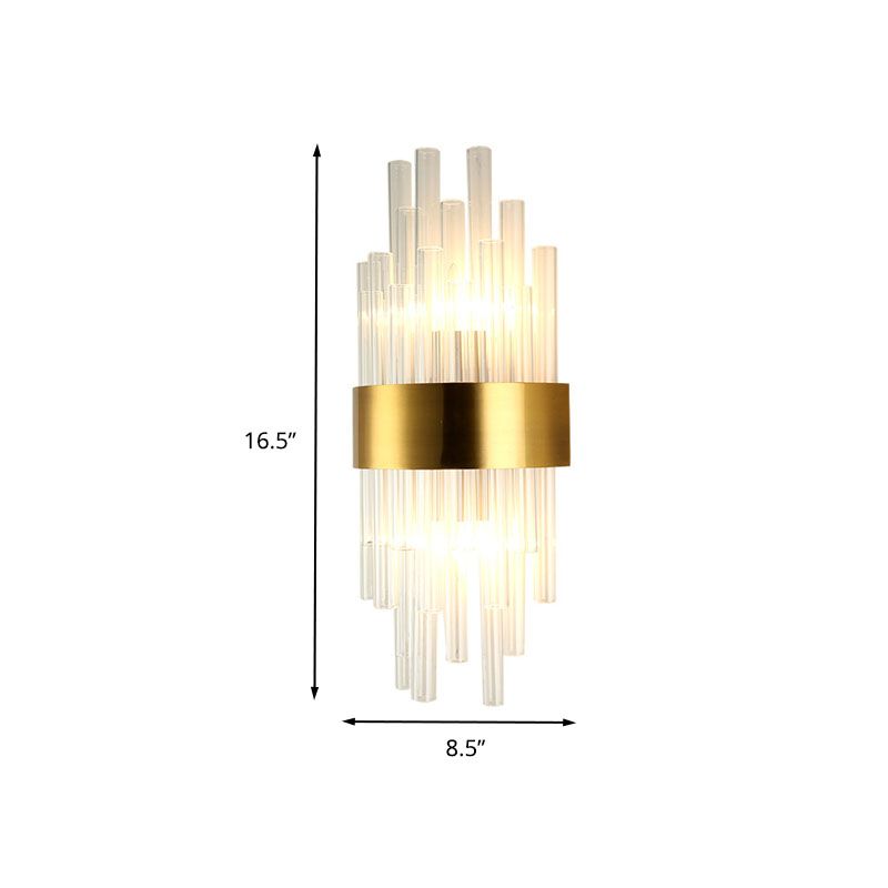 2 Heads Bedroom Wall Mount Light Postmodern Gold Sconce Light with Cylinder Fluted Crystal Shade