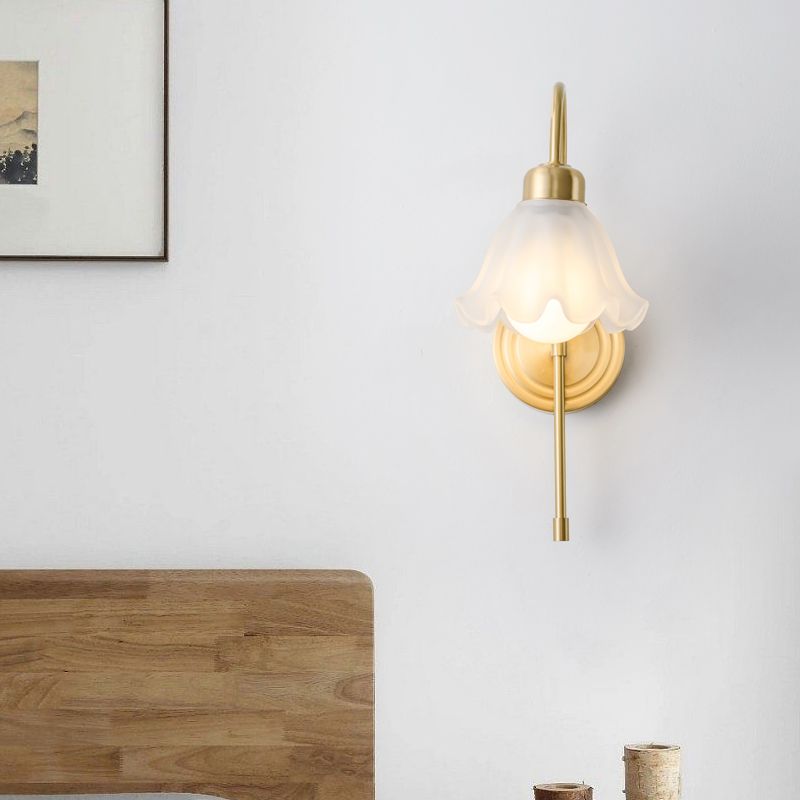 Modern Metal Wall Sconce Flower Shape Wall Light with Glass Shade for Bedroom in Gold