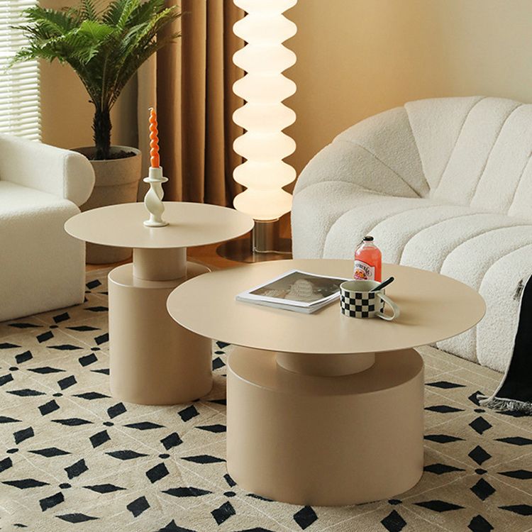 Round Iron Coffee Table Mid-Century Pedestal 2 Pieces Cocktail Table Set