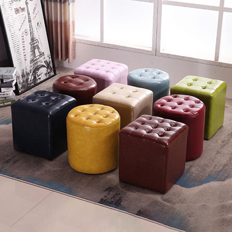 Mid-Century Modern Ottoman Water Resistant Solid Color Tufted Genuine Leather Cube Ottoman