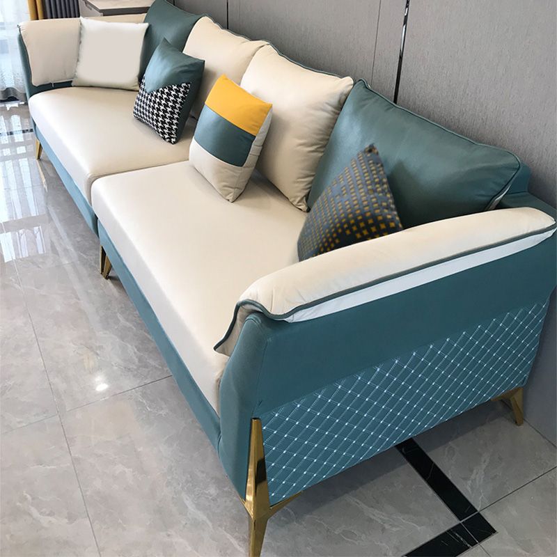 Blue and Cream Faux Leather Sectional Waterproof Sofa with Removable Cushions