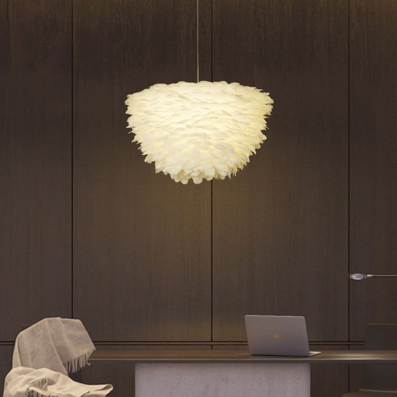 White Floral Pendant Chandelier Simple Style Feather Suspension Lighting for Dining Room
