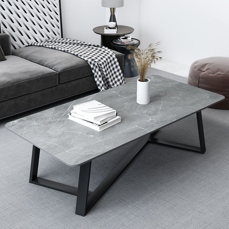 Glam Rectangle Stone Top Coffee Table with Iron Cross Legs Cocktail Table