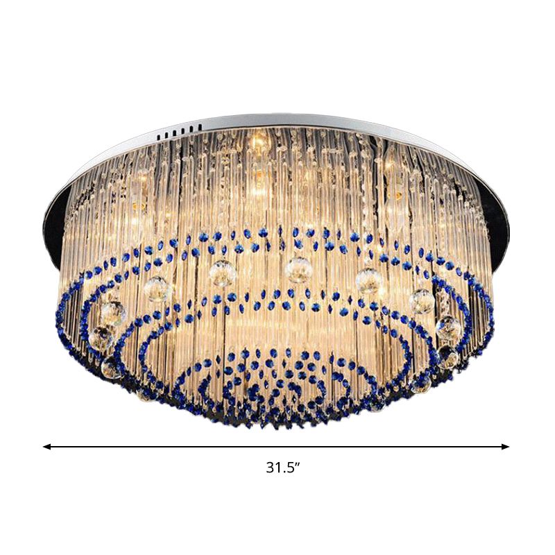 Round Crystal Rod Flush Mount Lamp Contemporary 6/9/14 Lights Nickel Ceiling Light Fixture