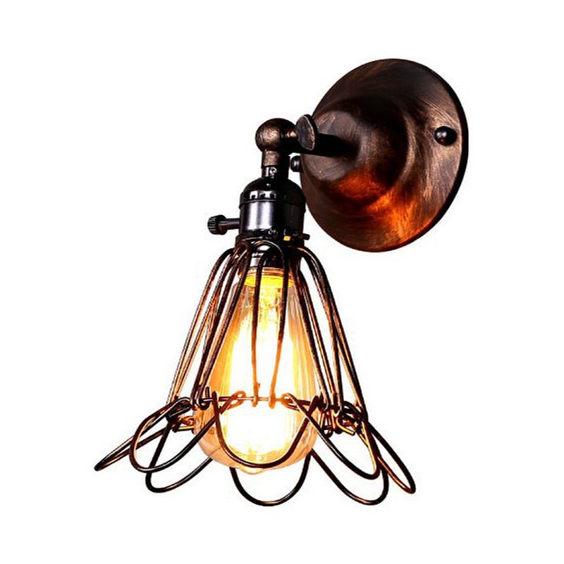 Rotatable Bronze 1-Light Sconce Lamp Industrial Iron Cage Style Floral Wall Mount Light for Bar
