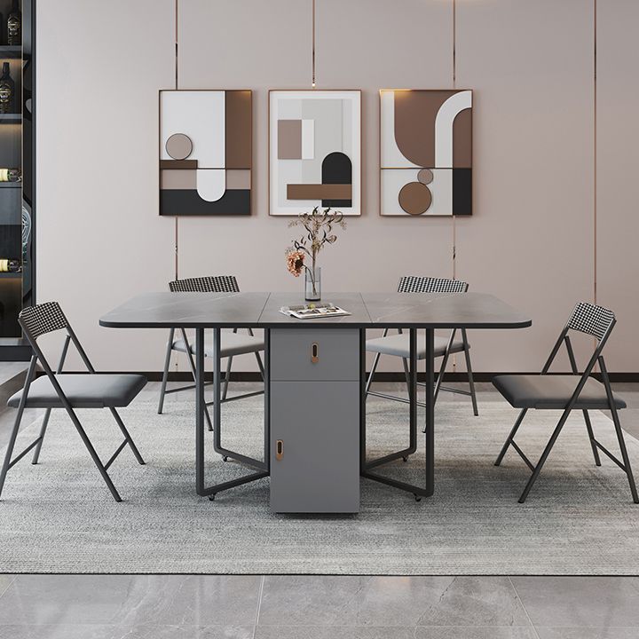 Metal Base Modern Rectangular Table Sintered Stone Top Table with Drop Leaf