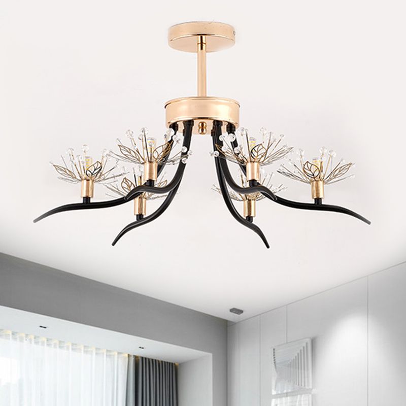 Chinese Redbud Ceiling Mounted Light Modern Style Faceted Crystal 6-Bulb Black Semi Flush Chandelier