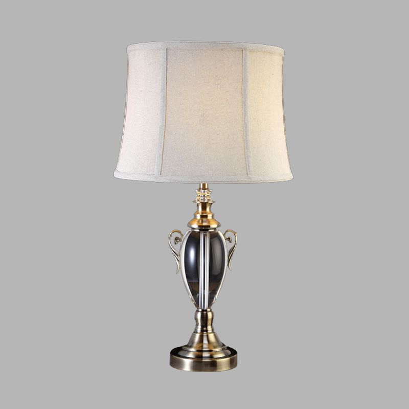 Cream Gray 1 Light Night Table Lamp Simple Fabric Paneled Bell Nightstand Light with Crystal Deco