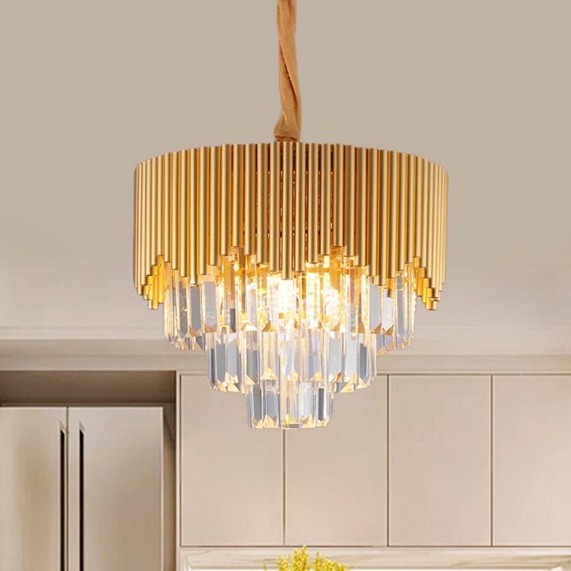 4/6/8 Heads Clear Crystal Prisms Chandelier Modern Gold Finish Tapered Great Room Suspension Pendant, 16"/19.5"/23.5" Wide