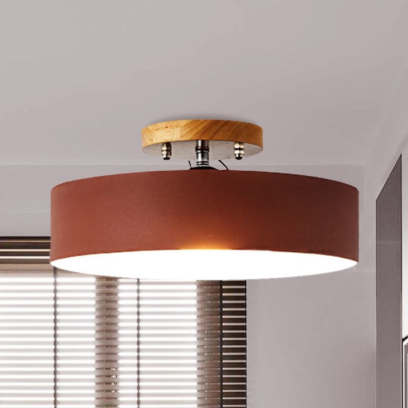 Drum Semi Mount Lighting Modernist Metal 1 Light 12" W Gray/White/Red/Pink Ceiling Mounted Fixture for Living Room