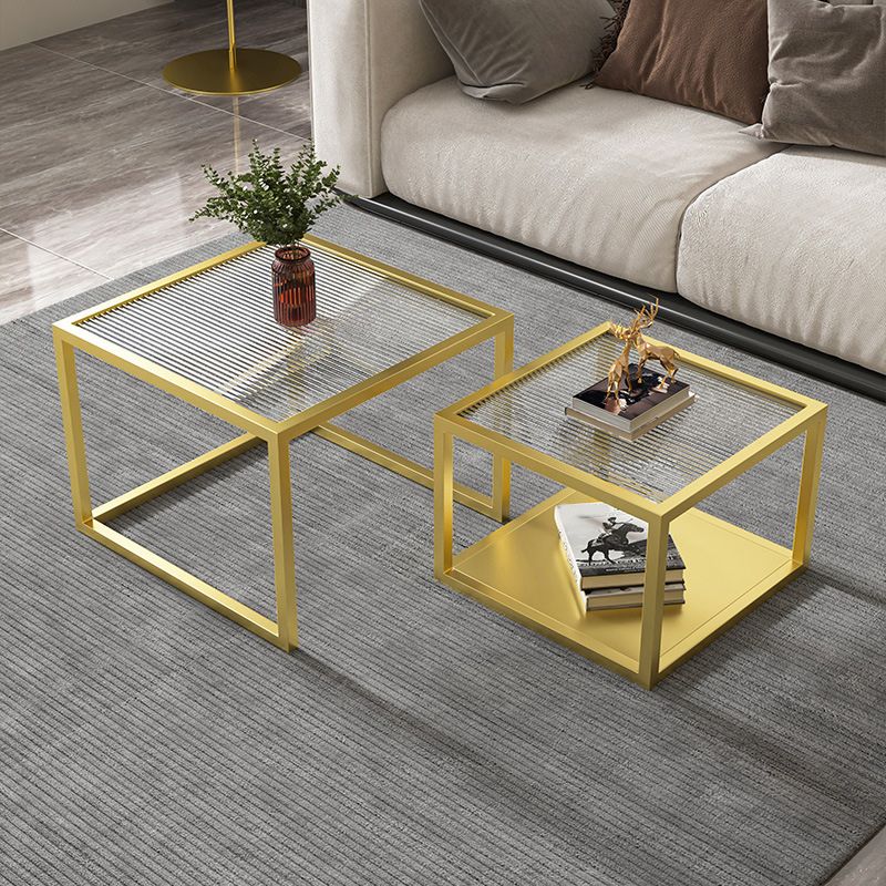 Contemporary Square Nesting Coffee Table Set with Glass Top and Iron Base