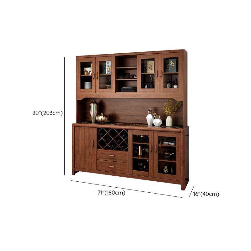 Ultra Modern Rubber Wood Dining Hutch Glass Doors Storage Cabinet with Drawers