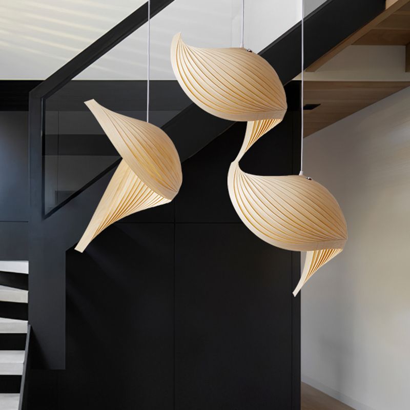 Artistic Shell Suspension Lamp Minimalist Natural Wood 1 Bulb Staircase Pendant Light