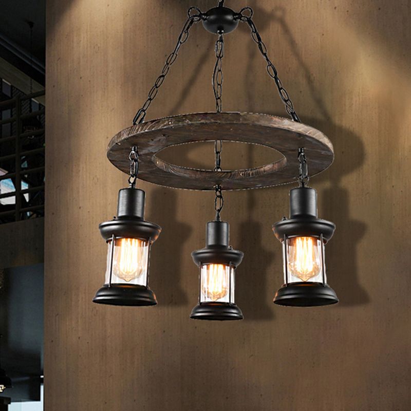 3/6-Bulb Ceiling Lamp with Lantern Shade Clear Glass Industrial Dining Room Chandelier Pendant Light in Black