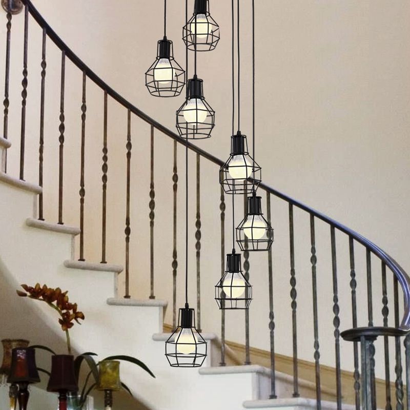 6 bulbos Globe Cage Hanging Lighting Industrial Black Metal Multi Light Pendse con diseño de espiral