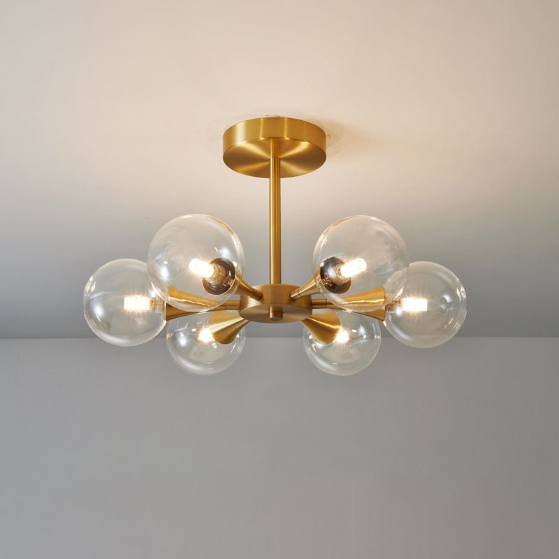 Brass Globe Semi Flush Light Minimalist Glass LED Close to Ceiling Lamp for Bedroom