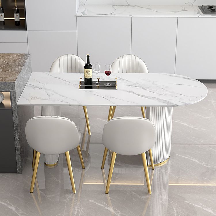 Mesa de forma de comedor de piedra sinterizada de estilo contemporáneo con base de doble pedestal