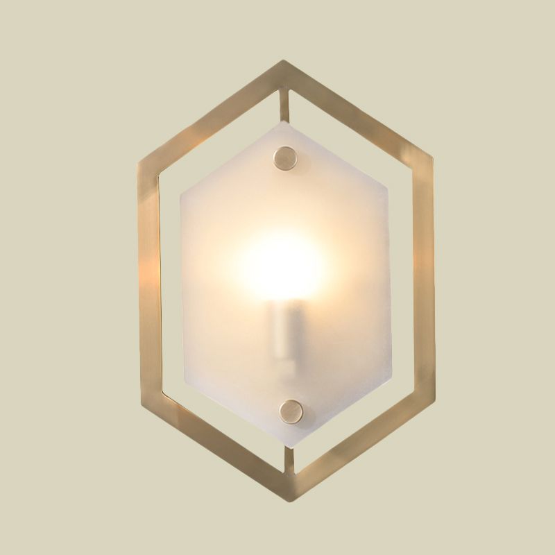 Hexagon Sconce Lighting Postmodern Metallic 1-Bulb Brass Wall Lamp Fixture with Translucent Glass Shade