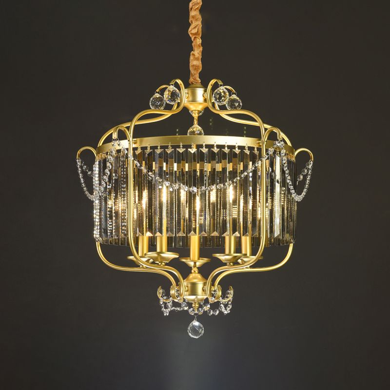 Candle Ceiling Chandelier Retro Prismatic Crystal Hanging Lamp with Scroll Frame