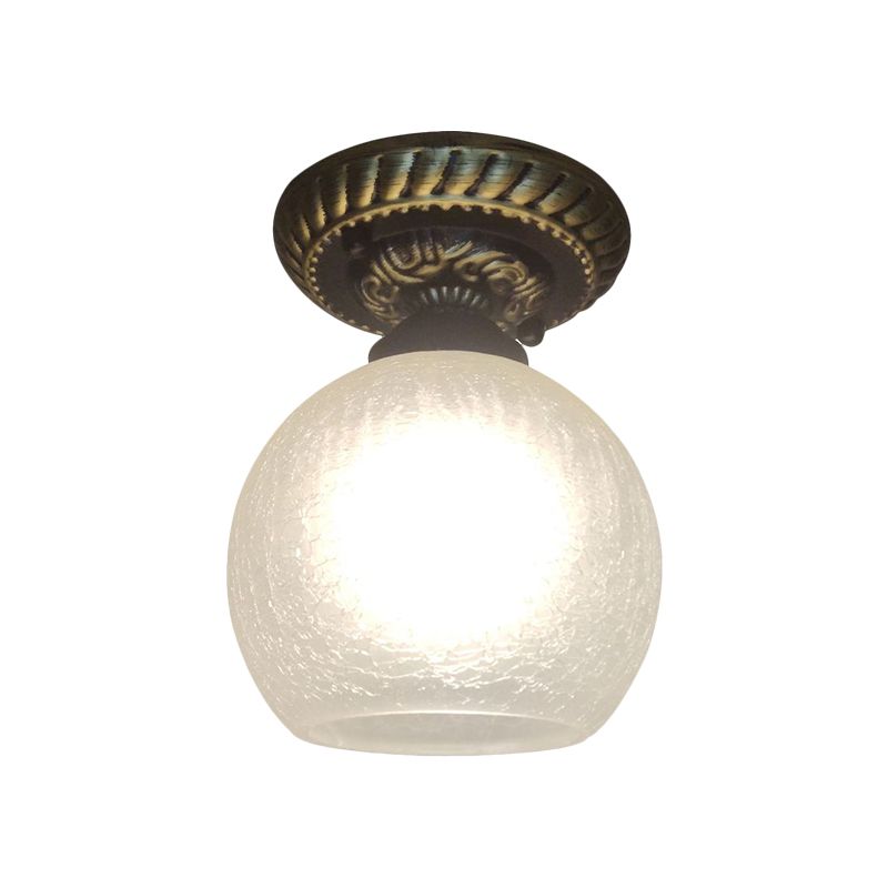 6"/7"/8" W 1-Light Ceiling Lamp Rustic Style Sphere Opal Crackle Glass Flush Mount Fixture in Brown