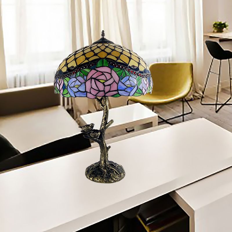 Stained Glass Brass Table Light Leaf/Rose/Peony Single Head Tiffany Style Nightstand Lamp for Bedroom