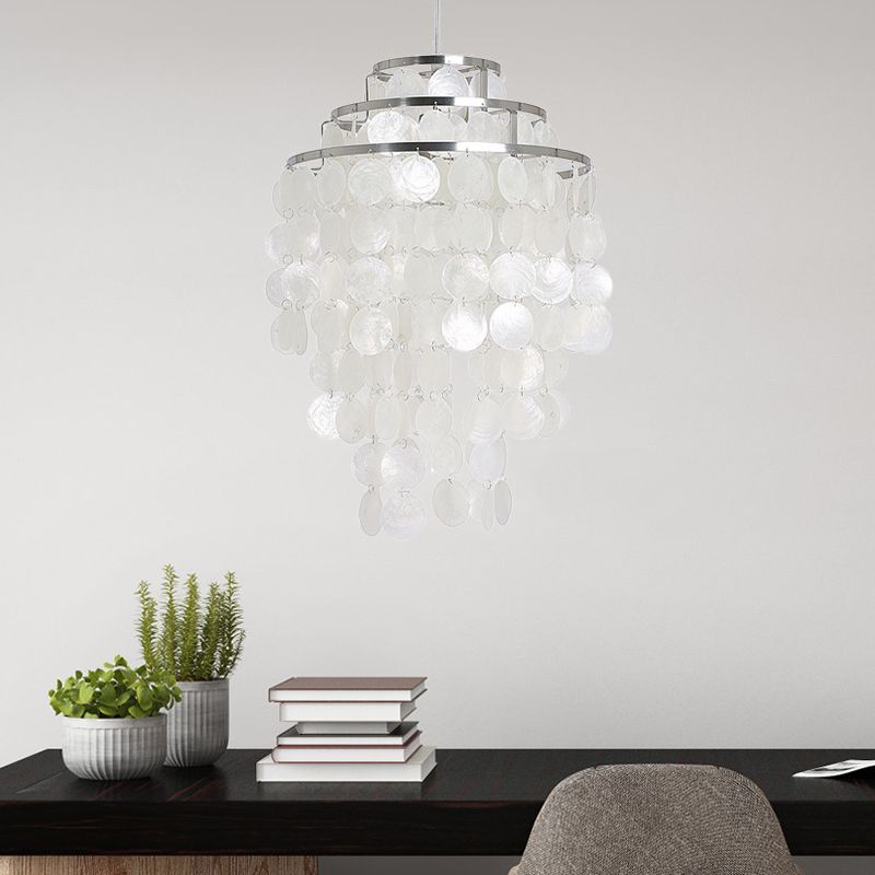 11"/19.5"/23.5" Dia Wind Chime Chandelier Lamp Contemporary Shell 3 Lights White Hanging Pendant Lamp