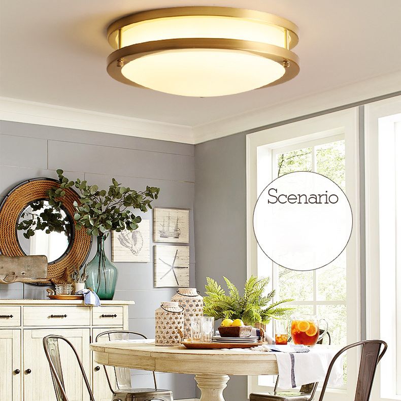 All Copper Round Simplicity LED Ceiling Light White Frosted Glass Shade Traditional Style Lighting Fixture in Gold