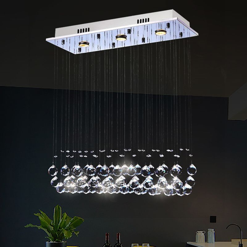 Dangling Crystal Ball LED Flush Light Modern Chrome Rectangular Dining Room Ceiling Mount Lamp