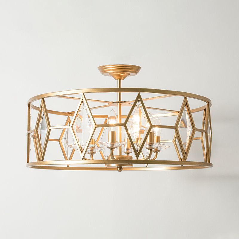 Traditionele trommelplafondmontage Lichte armatuur gesneden kristal 6 lampen Studiezaal Semi Flush Mount Lighting in goud