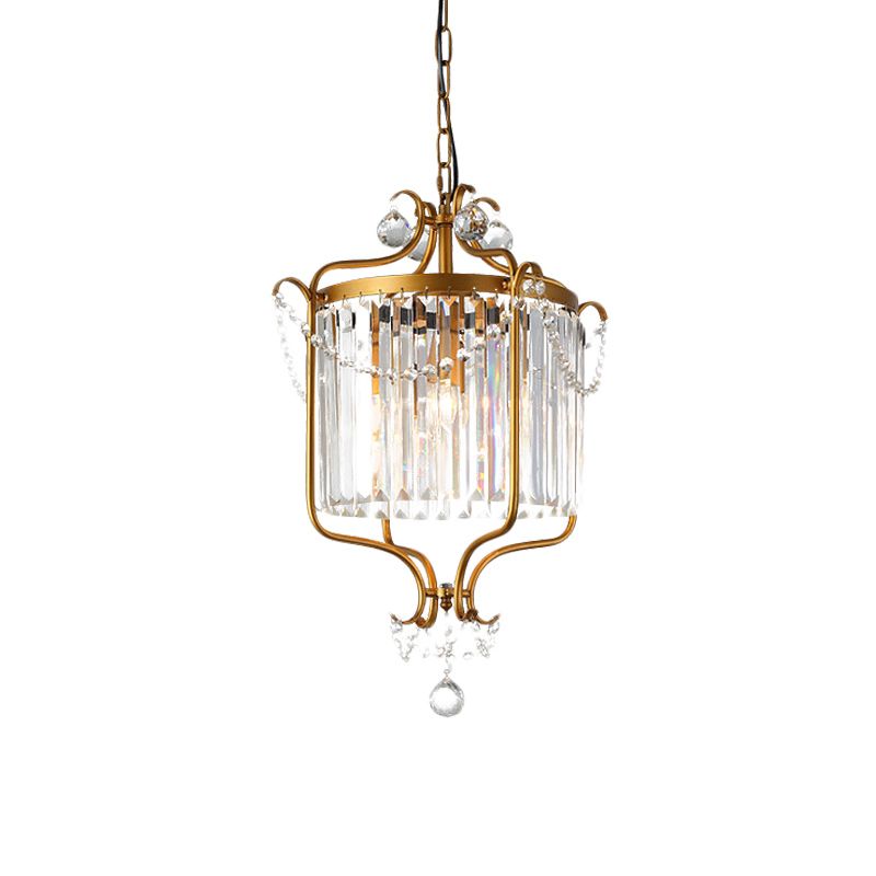 Kristallprisma Drum Anhänger leichte Vintage 3-Licht-Wohnzimmer Hanging Kronleuchter mit goldenem Scrollrahmen