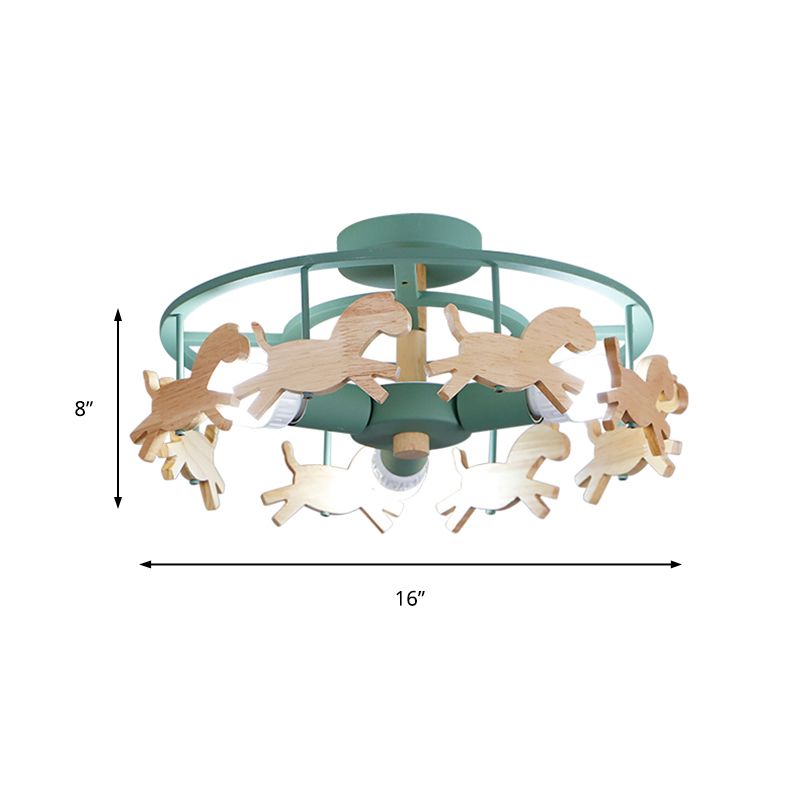 Macaron Merry-go-round Ceiling Light Metal Wood 3 Lights Green Semi Flush Light for Dining Room