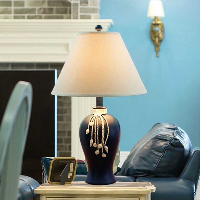 1-Light Fabric Night Lamp Rustic White Conic Bedroom Nightstand Light with Blue Ceramic Bottle Base