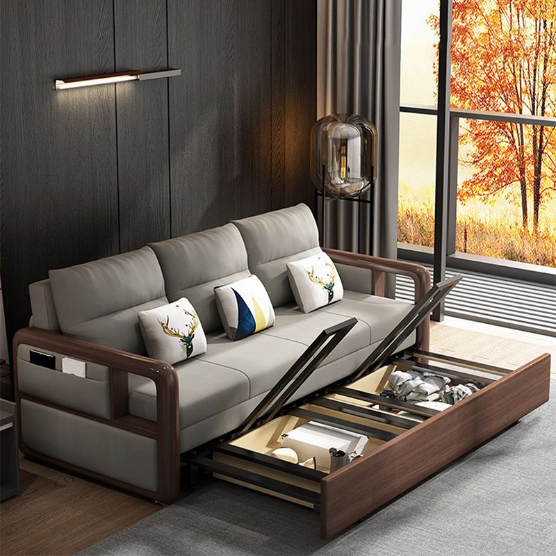 Fabric Sewn Pillow Back Sofa Round Arm Sofa Bed in Walnut Finish