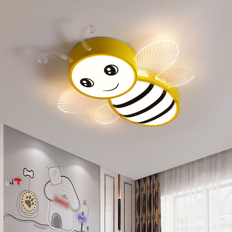Bee Flush Mount Fixture Kids Plastic Pink/Yellow/Blue LED Close to Ceiling Lamp for Children Bedroom