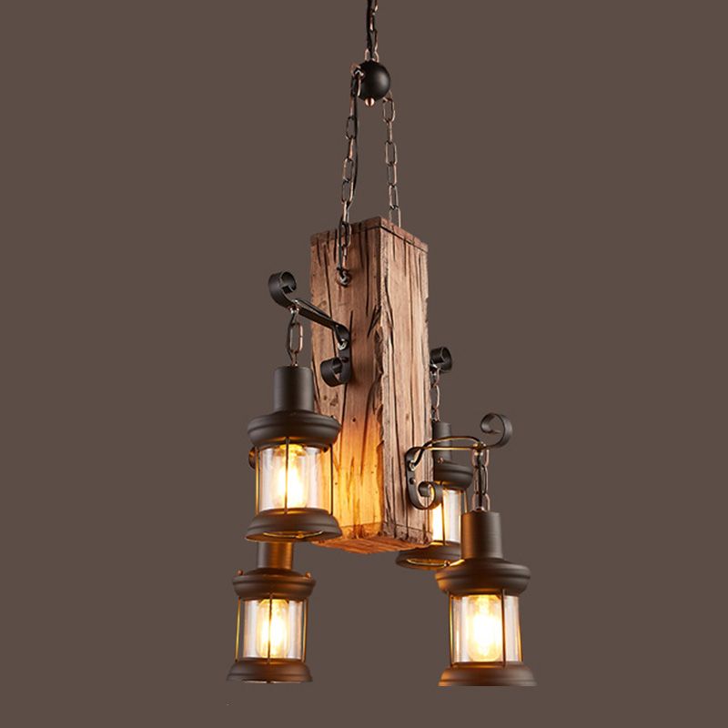Wood Shaded Pendant Light Fixture Retro Restaurant Chandelier Light Fixture in Distressed Wood