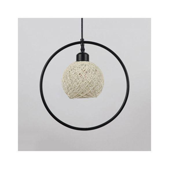 Beige/White Ball Shade Hanging Light Rustic Rattan Single Pendant Lamp with Black Metal Ring