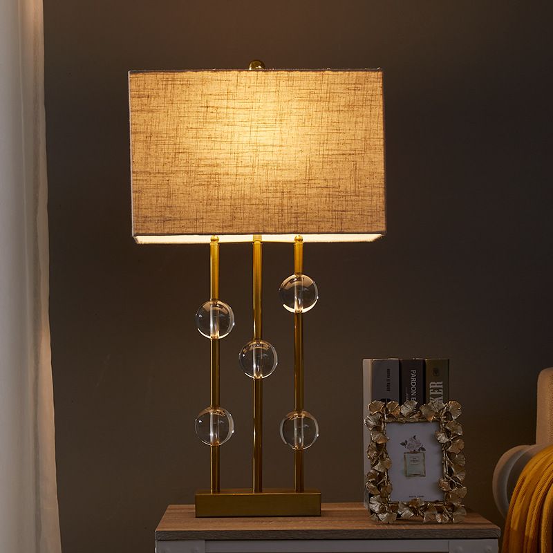 Rural Rectangle Night Light 1 Light Fabric Table Lamp in Beige for Bedroom with Crystal Deco
