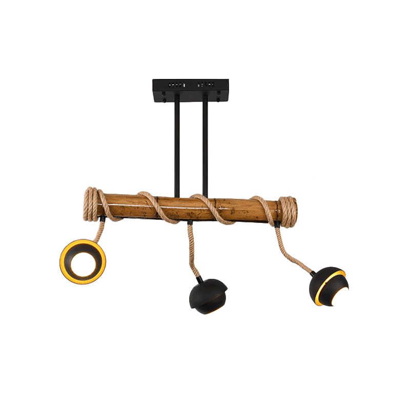 Industrial Linear Island Chandelier 2/3/6 Bulbs Iron Pendant Lamp in Black with Bamboo Tube and Rope, Warm/White Light
