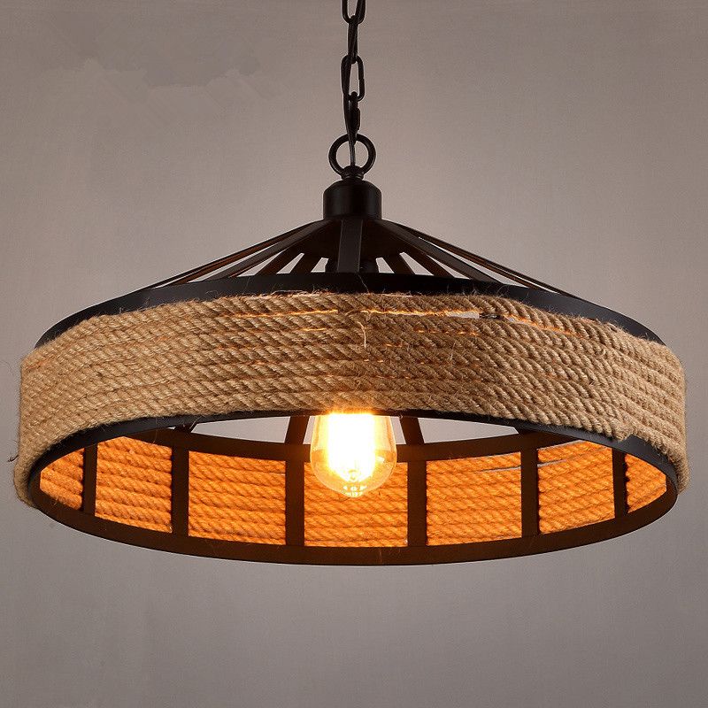 Drum Hanging Lamp Industrial Natural Manila Rope Decorative Pendant Light for Living Room