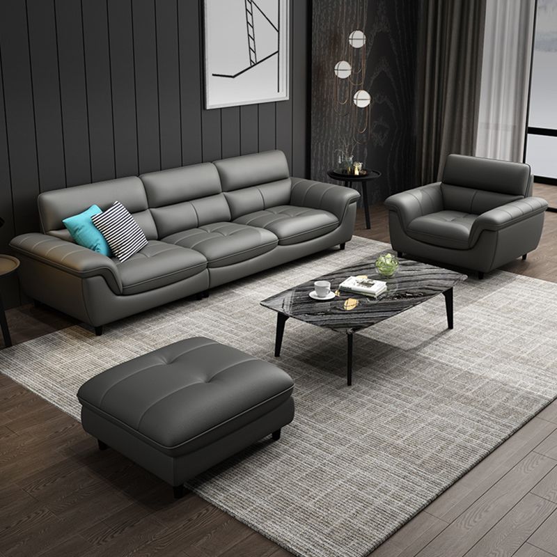 Stationary Stain Resistant Genuine Leather Living Room Flared Arm Sofa