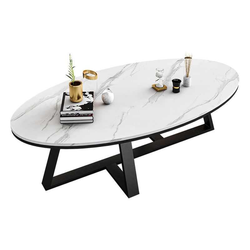 Oval Stone Top Coffee Table with Iron Cross Base Cocktail Table in White
