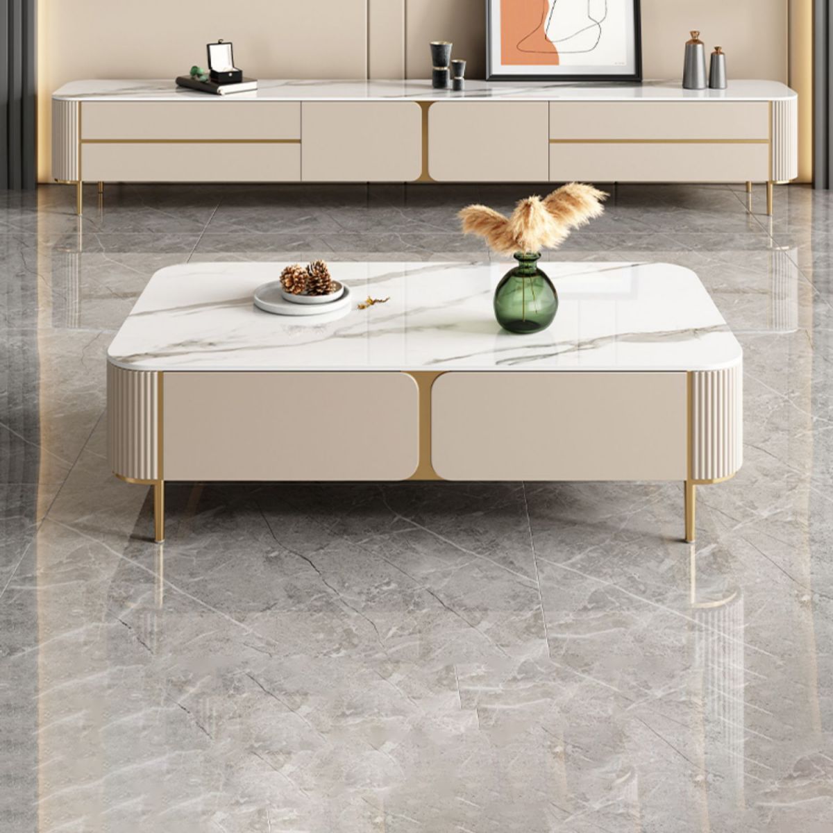 2 Drawers Rectangular Slate Top Coffee Table 4 Legs Cocktail Table