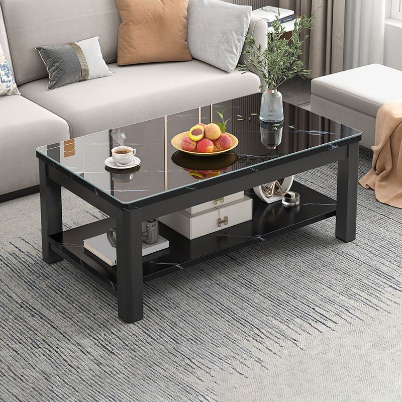Contemporary Glass 4 Legs Coffee Table 1-Shelf Simple Cocktail Table