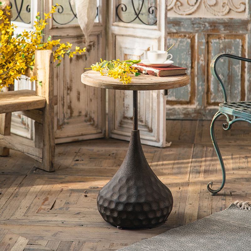 French Country Wood Round Top Side Table Distressed Iron Base End Table
