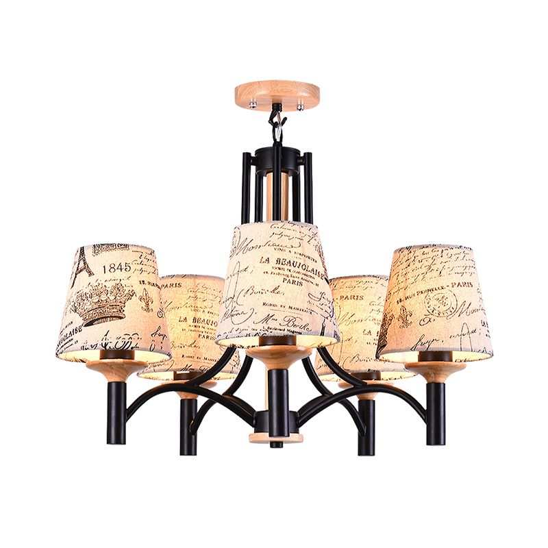 Black Barrel Semi Flush Lighting Modernist 5 Heads Patterned Fabric Flush Mount Lamp Fixture