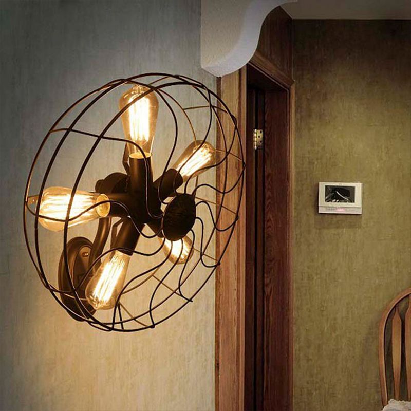 Black Wire Frame Wall Sconce with Fan Design Industrial Metal 5 Lights Corridor Wall Mount Light