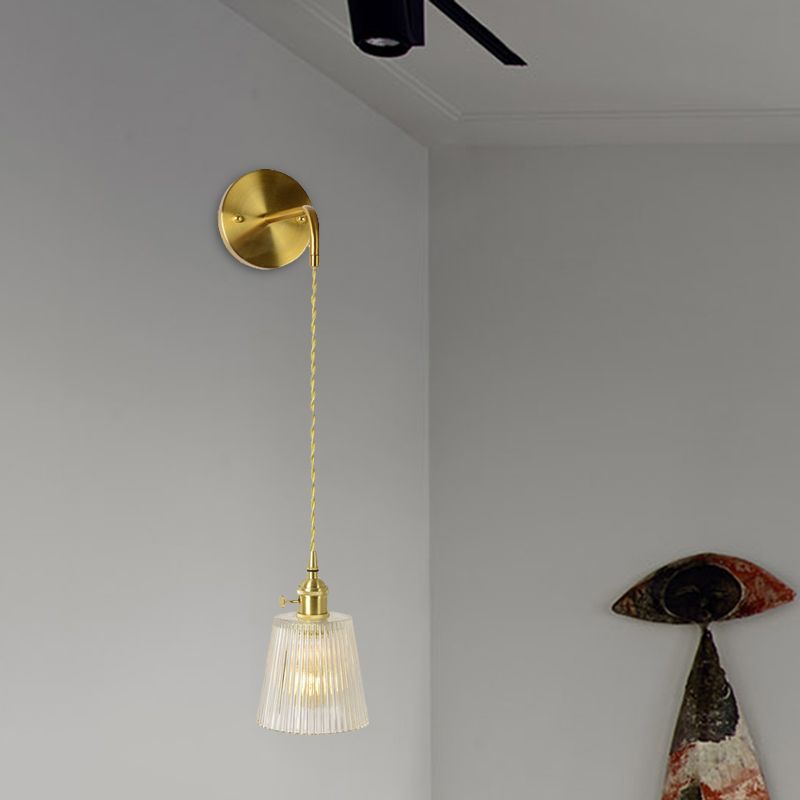 Gold 1 Head Wall Mounted Light Minimalism Clear Ribbed Glass Barrel/Bell/Drum Wall Lighting Fixture