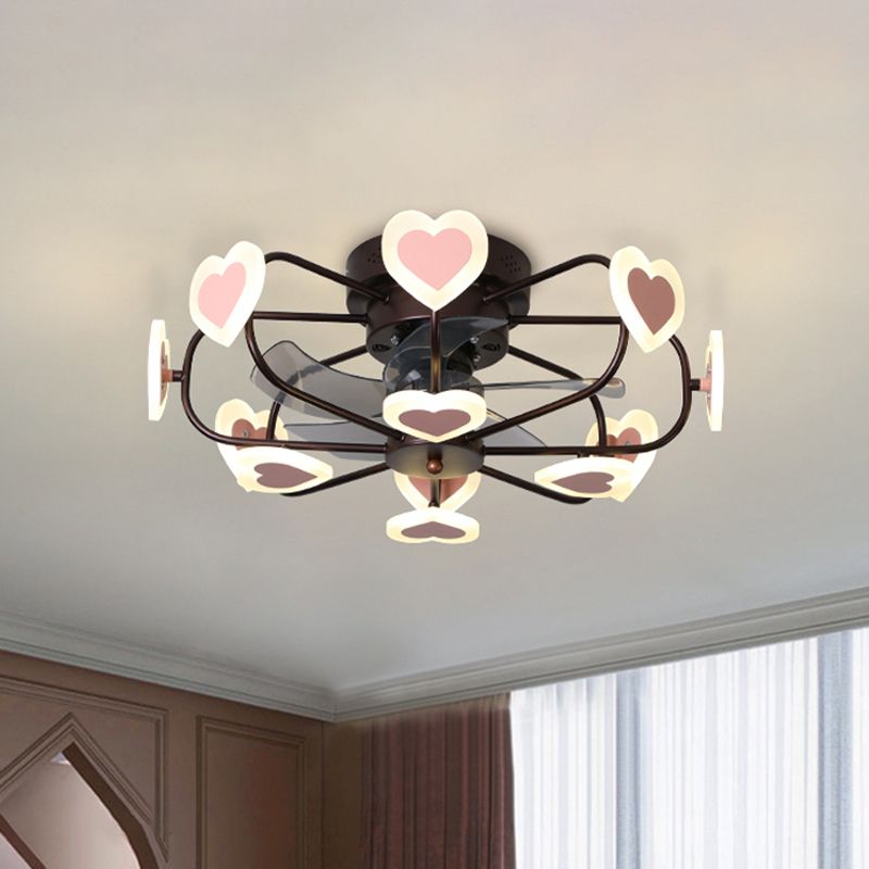 Kinderen 8 lampen 5 Blades Plafondventilator Lichte koffiemuziek Noot/Gray Loving Heart/White Star Semi Flush Mount Lighting met ijzeren kooi, 23,5 "breed